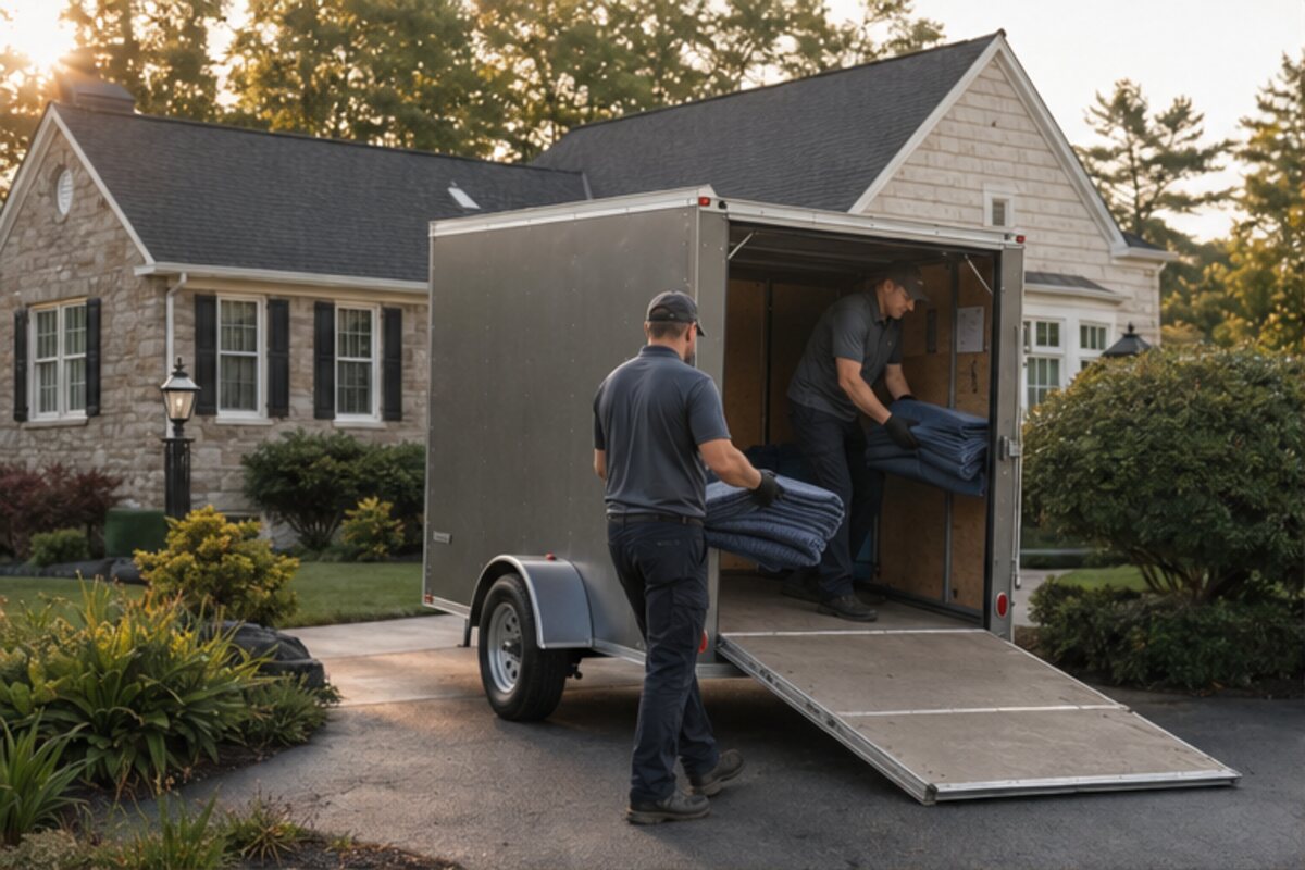 Estate-clearance crew preparing moving blankets beside an enclosed trailer