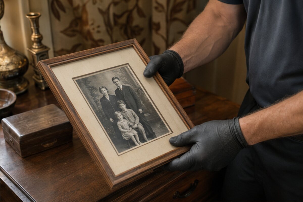 Gloved professional carefully handling a framed family photograph