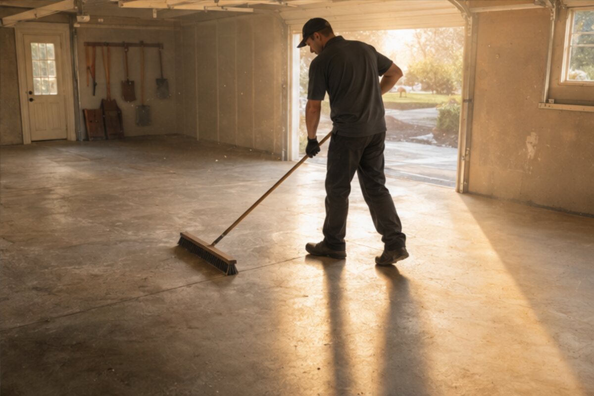 Estate-clearance professional completing the final sweep of an empty garage