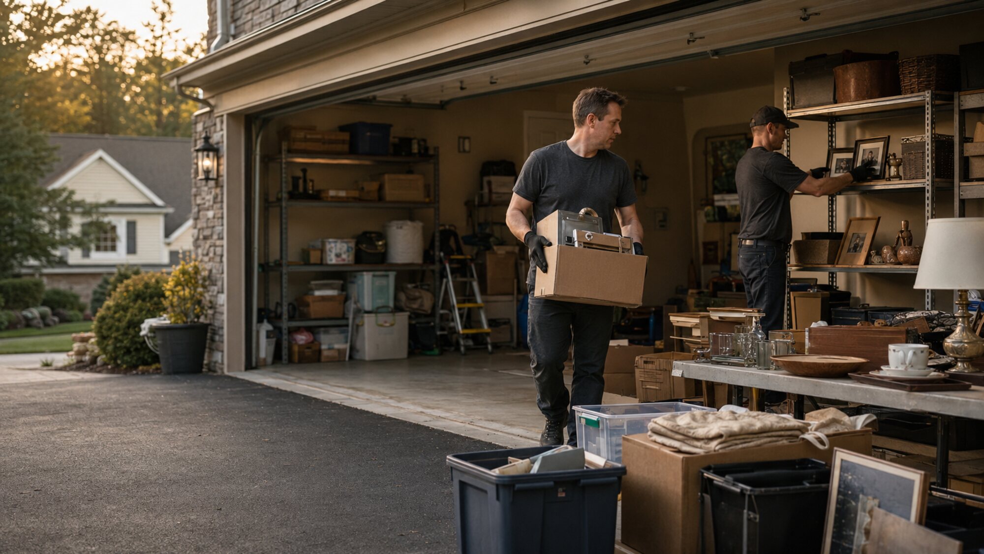 Estate-clearance crew carefully sorting household items in a residential garage