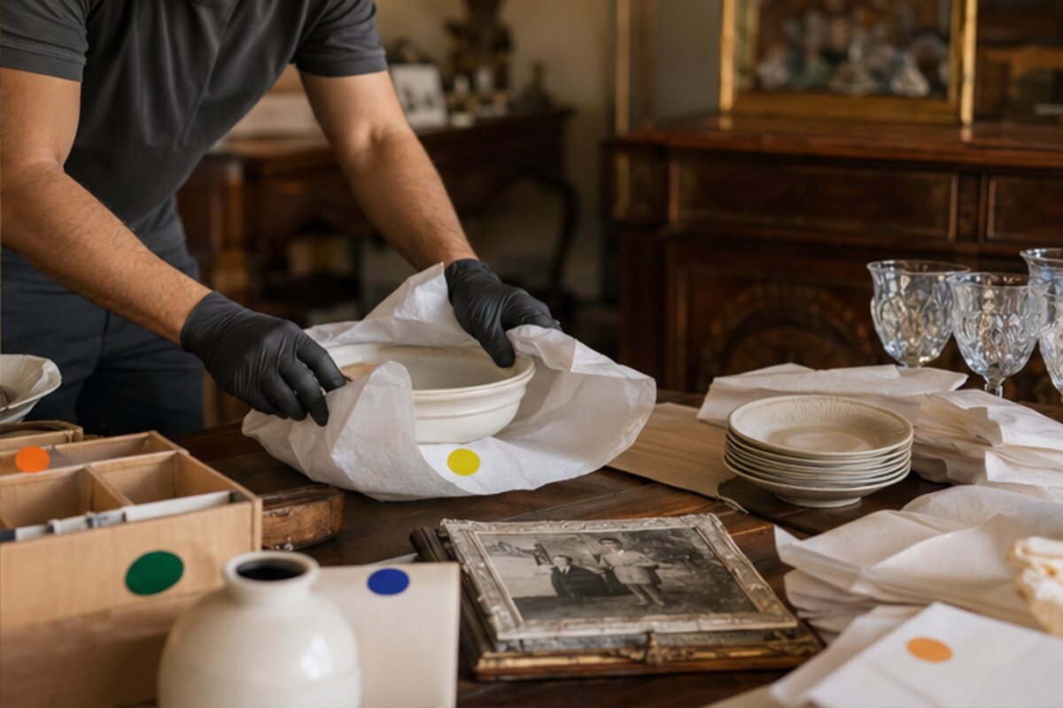 Gloved estate-clearance professional carefully wrapping china and family keepsakes
