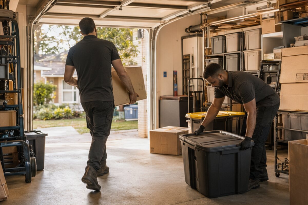 Two-person crew clearing boxes and storage bins from a residential garage