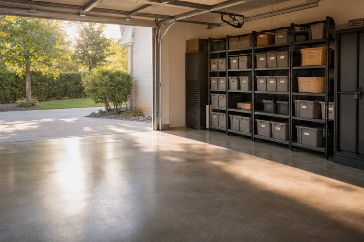 Cleared garage with a swept concrete floor and neatly organized storage